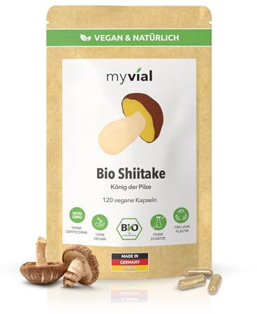 Bio Shiitake Kapseln – 120 Stück – Hochdosiert mit 500 mg Pilzpulver pro Kapsel – 100 % Fruchtkörper – Vegan, ohne Zusätze, plastikfrei – 60 Tage Vorrat – Produziert in Deutschland