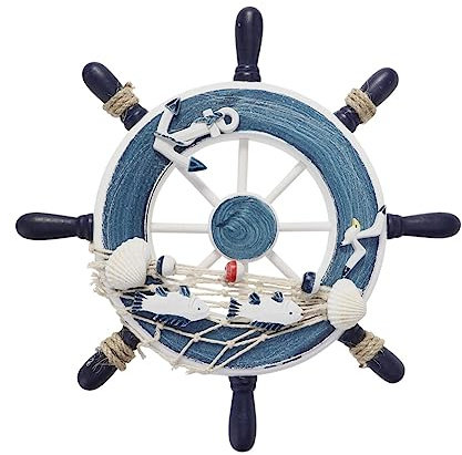 Garneck Blue Wooden Rudder Wall Decor Ship Steering Wheel Nautical Wall Decoration for Coastal Home Decor and Beach Themed Rooms