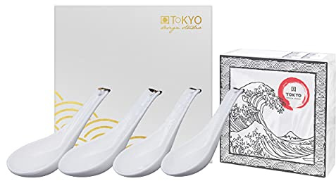 TOKYO Design Studio Nippon White 4-er Suppenlöffel-Set weiß, 13,8 cm klein, mit Gold-Rand, asiatisches Porzellan, japanisches Design, inkl. Geschenk-Verpackung