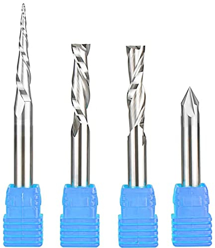 Sinoprotools 4 Pcs Solid Carbide Carving Router Bit Set 1/4 Shank,Engraving Router Bits, CNC Carving End Mills,V Groove Spiral Tapered Milling Cutter,Engraving Tools for Wood Sign Making&Lettering