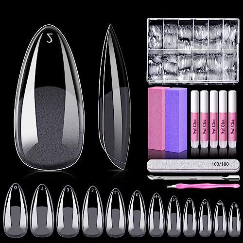 False Nails, MORGLES 600pcs Acrylic Almond Clear Fake Nails with Glue, Buffer Bocks, Emery Board, Cuticle Pusher and Fork,12 Sizes(0-11) in Box