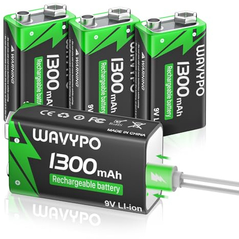 WAVYPO 1300mAh Rechargeable 9V Batteries,9 Volt Lithium-ion Batteries Long Lasting with 2-in-1 USB-C Fast Charging Cable, for Smoke Detector Alarms, Microphone, Toys, Walkie-Talkies，4-Pack