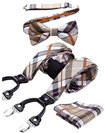 HISDERN Hosenträger Herren Beige Fliege und Hosenträger Set Herren Kariert Hochzeit Klassische Hochzeit Einstellbar Y Form mit 6 Extra Stark Clips Braces