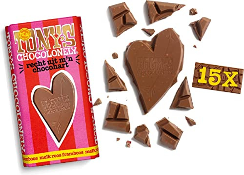 Tony's Chocolonely - Barra de regalo: Directamente de mi corazón de chocolate (frambuesa rosa de leche) - 15 x 180 g