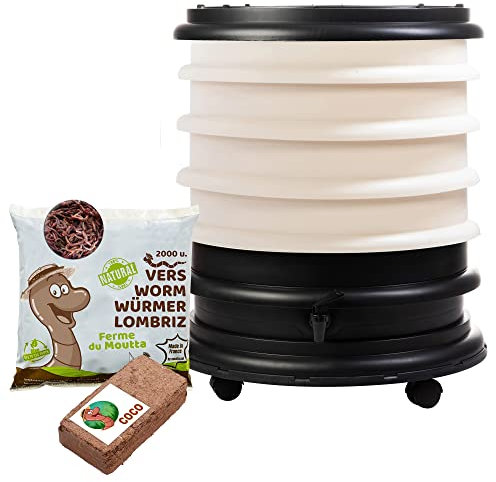 WormBox | Wormery Worm Farm composter 4 Ivory Trays + 1kg of Compost Worms / 2000 ctn + 1 Coco | 64 liters | Organic Waste Compost, make your Worm Castings
