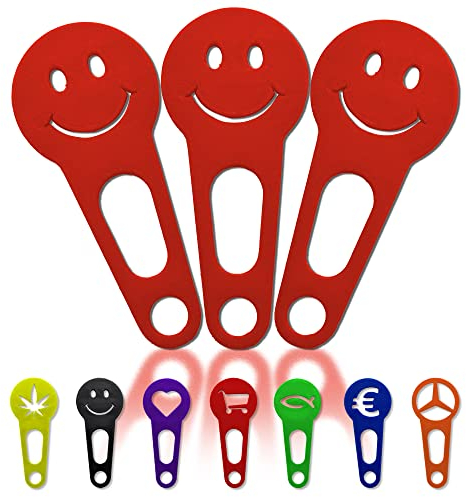 OnAir 3 x Einkaufswagenlöser zum abnehmen als Schlüsselanhänger; Einkaufswagenchip sofort abziehbar 3 Stück im Set; Handmade (Rot, Happy Face)