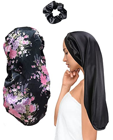 MUFEKUM 3 Stück Satin Haube zum Schlafen, Breites Band Nacht Schlafmütze, Große Weiche Elastische Seide Kopfbedeckung für Frauen Mädchen (Schwarz)