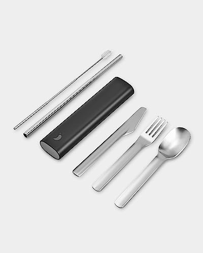 Chilly's Cutlery - Portable Cutlery, Stainless Steel Utensils with Aluminium Travel Case, Reusable Knife, Fork, Spoon, & Straw, Dishwasher Safe - for Travel and Camping - Abyss Black