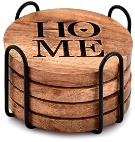 EDHAS Coaster Iron & Acacia Wood Coasters for Drinks with Iron Holder Stand for Countertop and Surfaces from Water Marks or Damage (10.16cm x 10.16cm x 1.27cm)