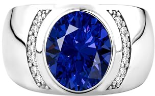 BySilverStone - Blauer Saphirring Aus Sterlingsilber Für Herren Und Zirkonia, Einzigartiger Eleganter Herrenring Mit Blauem Edelstein, Breiter Bandring, Saphir-Herrenring