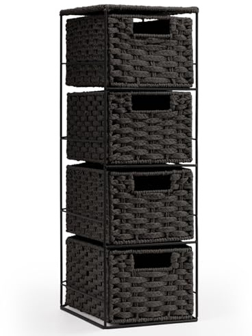 EHC Drawers Storage Unit Baskets, 4 Drawer Wicker Hand-Woven Storage boxes Shelves, Slimline Ideal For Organising Home or Office - Black