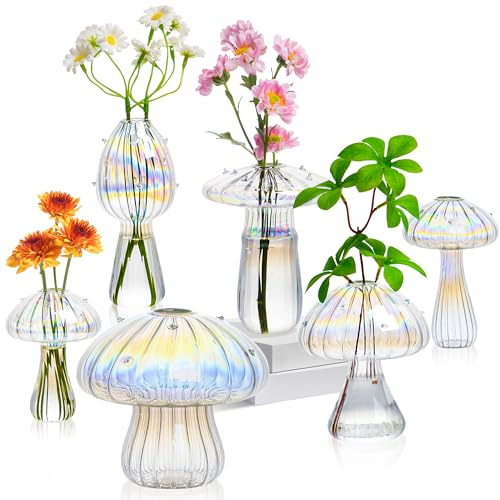 Mushroom Vase, Set of 6 Colored Flower Vase, Propagation Stations Vases, Small Bud Vases Home Decor Cute Glass Mushroom Planter for Room Office Decoration (Clear)