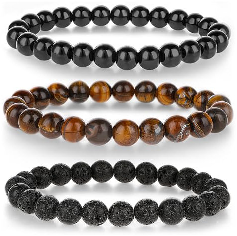 Mabor Perlenarmband Herren Schwarz,3 Stück 8mm Tigerauge Armband Herren Stretch Set Schwarzes Kristall Tigerauge Armband Männer Frauen Geschenk für Ihn Freund Ehemann
