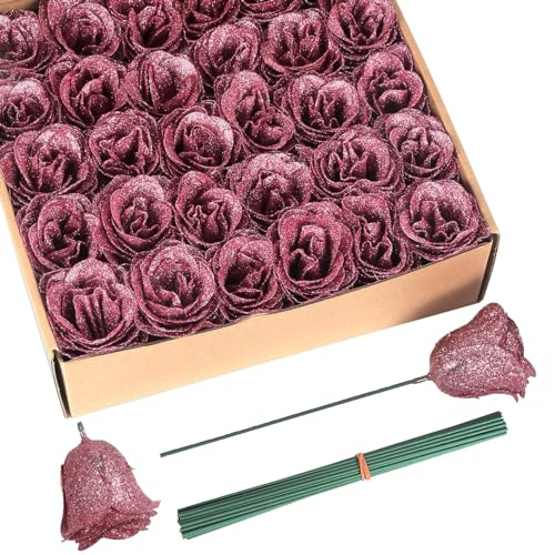 ICBOX Rose Gold Blumen, 30 Stück Glitzer-Rosen, Blumenstrauß, künstliche Rosen mit Stielen zum Basteln, Hochzeitsstrauß, Party, Heimdekoration (Roségold)