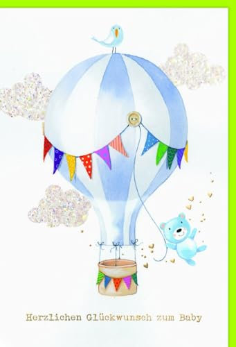 Verlag Dominique Geburtskarten Glückwunschkarte Zwillinge Geburt Heißluftballon mit Bär und Vogel bunte Wimpel Glitzerwolken Herzlichen Glückwunsch zum Baby mit Umschlag