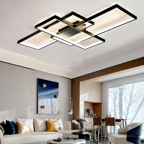 ASJK LED Deckenleuchte Dimmbar Modern 82W Deckenlampe LED mit Fernbedienung, 3000k-6000k Geometrisch Multifunktional Deckenbeleuchtung für Wohnzimmer （105cm，Schwarz）