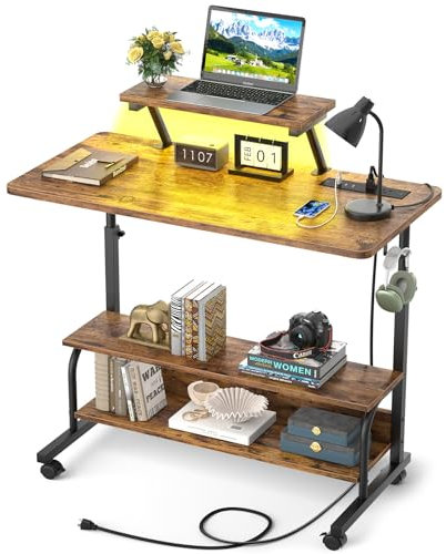 Height Adjustable Standing Desk with Power Outlets and LED Lights - 32 Manual Stand Up Desk with Monitor Stand and Storage Shelves Small Mobile Rolling Computer Desk Portable Laptop Table, Rustic