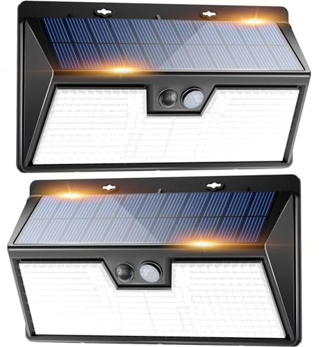 Peasur Luces Solares LED Exterior【2 Paquete】318LED con Sensor de Movimiento, IP65 Impermeable para Jardín, Garaje, Patio