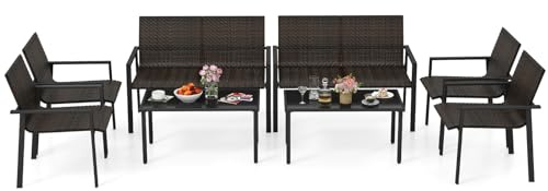 GYMAXSet di Mobili da Giardino, Set di Tavolo e Sedie in Rattan, Set di 4 Pezzi con 2 Sedie, 1 Divanetto, 1 Tavolino da Caffè, per Balcone, Bordo piscina, Cortile (Marrone)