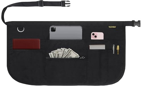 TEXVIDA 7 Pockets Server Apron with Buckle Closure & Zippered Money Pouch – Stain Resistant, Black Waitress Apron