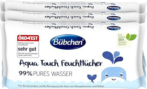 Bübchen Aqua Touch Feuchttücher, 144 Stück (3 x 48) – sensitive Pflegetücher mit 99% purem Wasser, feuchte Tücher für Neugeborene und Babys (Packung mit 5)