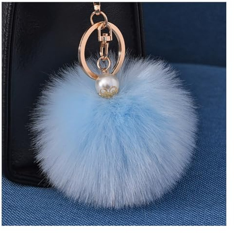 Wisafory Schlüsselanhänger Pom Pom mit Gold Perle Flauschigen Kunstfell Schlüsselbund Taschenanhänger Taschen Koffer Rucksäcke Zubehör Schlüsselring Handy Charme für Frauen Hellblau
