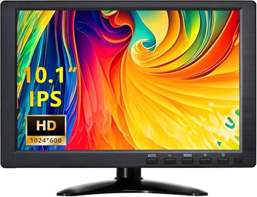 CCTV Monitor, 10,1 Zoll Kleinst 1024 x 600 IPS Portabler Monitor mit Ständer, eingebauten Lautsprechern, Gehäuse, Bildschirm, Fernbedienung, DMI/VGA/BNC/USB-Eingang für Sicherheitskamera, Xbox