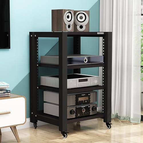 Hifi Rack Plattenregal Phonoschrank Aus Holz & Stahl,Plattenspieler Tisch Router Schrank Mit Verstellbaren Ablage,Medienschrank Mit 360-Grad-Schwenkrädern,Stereo-Racks Und -Ständer(Black,50*60*85cm/20