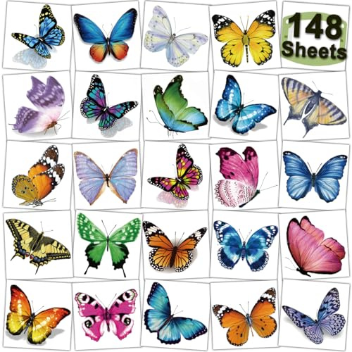 CHARLENT 148 Bögen Schmetterling Temporäre Tattoos für Mädchen und Damen | Realistische 3D-Schmetterlings Tattoos, ideal als Mitgebsel für Kindergeburtstage, Partys, Geschenke und besondere Looks