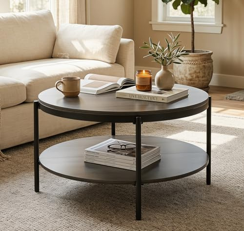 80 cm Runder Couchtisch mit Stauraum,Moderner Wohnzimmertisch – Dunkelgrau | in Eiche-Optik & Stahlrahmen – Stabiler 2-Stufiger Beistelltisch für Wohnzimmer & Schlafzimmer (Dunkelgrau)