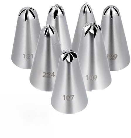 7 Pcs Drop Flower Piping Tips Set, 107, 109, 129, 131, 191, 224, 225 Stainless Steel Icing Tip for Swirl, Rosette, Cake Cookie Decorating Floral Patterns