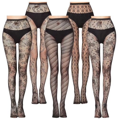 Meunhy 5 PCS Women's Patterned Fishnet Tights, Lace High Waist Fishnet Tights for Women, Fashion Lace Floral Pantyhose, Black Pattern Style ﻿
