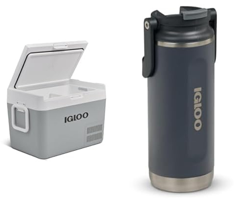 IGLOO ICF 32 Kompressor-Kühlbox 32L, 12/24 V und 230 V, -18°C bis 20°C für Auto, LKW, Boot, Wohnmobil, Steckdose & Tumbler 16 Thermoflasche 450 ml, anthrazit, für Sprudel, Freizeit, Sport, Outdoor