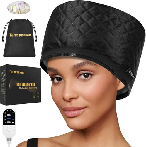 TEPENAR Upgraded Hair Steamer Cap - Professional Deep Conditioning Treatment at Home, 10-Level Fast Heating & 3 Timer Settings Electric Heat Cap for Natural Afro Curly Hair(Black)