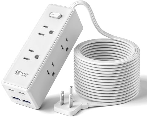 Cavo di prolunga da 3 m con prese multiple, prolunga lunga con 6 prese e 4 porte USB (2 USB C), protezione da sovratensioni a spina piatta, per casa, ufficio, dormitorio