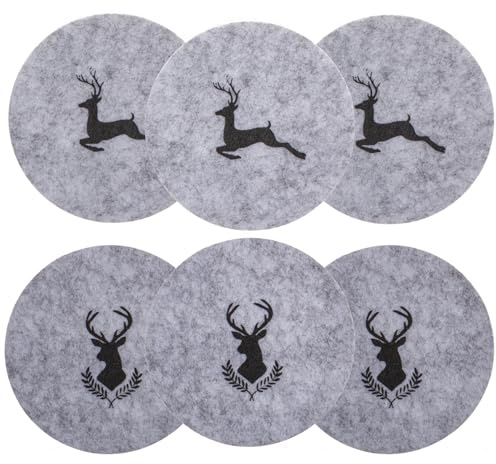 MIJOMA Lot de 6 dessous de verre ronds en feutre avec motifs de cerf - Diamètre : 10 cm - Antidérapants et durables - Protection de table élégante pour la cuisine, le salon - Gris clair