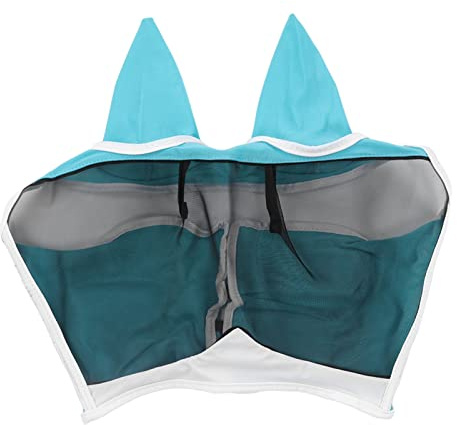 Changor Anti-myggmask för Hästfluga med Andningsförmåga med öron för Hästansikte Draghäst, Flugmask Av Stickat Tyg Som Lämpar Sig för Långtidsbruk (Krok och ögla, Large Blue)
