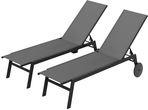 RELAX4LIFE Sdraio da Giardino con Schienale Reclinabile 6 Posizioni, Struttura in Metallo e Tessuto Traspirante, 2 Ruote e Piedini Antiscivolo, per Piscina e Cortile, Portata Max 150kg (Grigio,2)