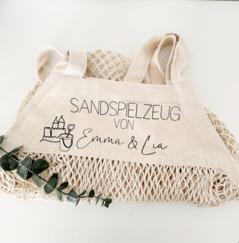 Personalisierte Sandspielzeugtasche Kinder aus Bio-Baumwolle – Netztasche für Strand & Spielplatz – Sandspielzeug Beutel mit Name – Nachhaltige Spielplatztasche (Beige)
