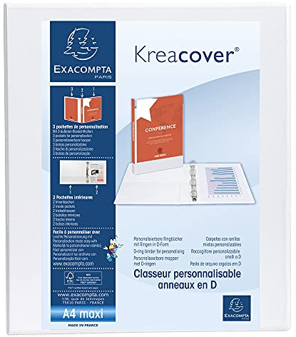 Exacompta - ref. 51842E - Box of 10 customizable rigid opaque binders with 3 pockets - 4 D-rings of 30 mm - External dimensions: 32 x 27.7 cm - Format to file A4 Maxi - Colour: white