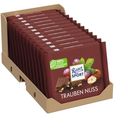 RITTER SPORT-Raisins Noisettes Tablette 100 g, Chocolat au lait -A emporter partout-Boite de 12 tablettes