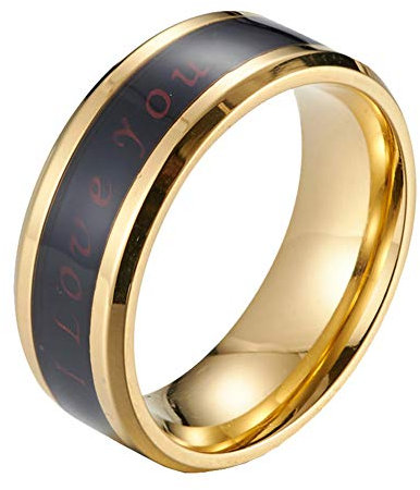PAURO Herren Damen 8 MM I Love You Temperatur Stimmung Ringe Versprechen Verlobung Ehering Edelstahl Gold Größe 54 (17,2)