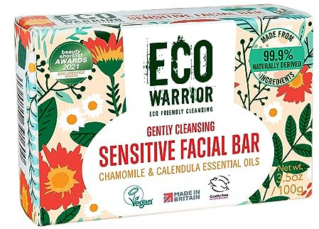 Eco Warrior Sensitive Facial Bar Soap | Vegan, Cruelty-Free, No SLS or Parabens, Eco Friendly - Gently Cleansing Natural Soap Bar Made with Castile Olive, Chamomile & Calendula Essential Oils, 100g