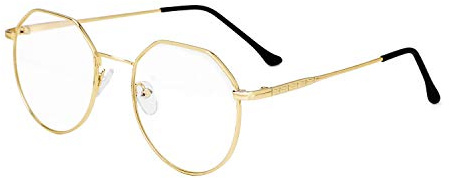 QCHOMEE Metal Optical Glasses Irregular Round Full-Rim Frame Women Men Blue Light Blocking Reading Glasses Vintage Eyewear Clear Lens 0 Dioptres Elegant Computer Phone Eye Protection Glasses (Gold)