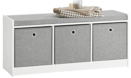 SoBuy Hallway Shoe Storage Bench Shoe Rack with Seat Cushion – 3 Baskets for Storage & Organization, Durable MDF, W102×D32×H45cm, Grey, FSR65-DG