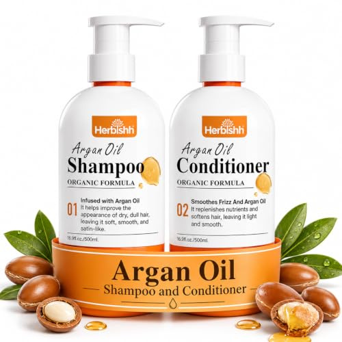 Herbishh Shampoing capillaire à l'argan marocain + kit après-shampoing à l'argan – Sans huiles minérales, sulfates et parabènes | Pour cheveux secs et crépus