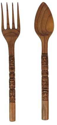 Lot de 2 sculptures murales en bois marron avec cuillère et fourchette - 61 cm de long
