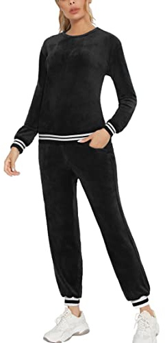Enjoyoself Damen Velours Traningsanzug Samtweich Hausanzug mit Gerippt Bündchen Langarm Rundhals Pullover+Lange Hose mit Tasche Schwarz,M