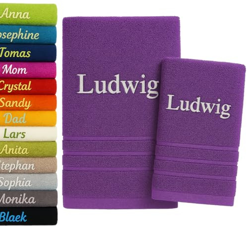 2er Pack Personalisiertes Handtuch und Badetuch mit Namen 2er Pack Schön gestickter Name Handbadetuch 100 % Baumwollhandtuch 50 x 100 cm + 140 x 70 cm Personalized Custom Towel with Name (Lila)