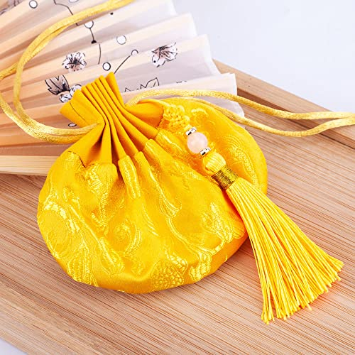 qbodp 4 Stücke Chinesische Duftsäckchen Säckchen Bestickte Beutel Kordelzug Geschenkbeutel Leer Duftbeutel Mit Quaste,Autorückspiegel Hängende Dekoration,Gelb
